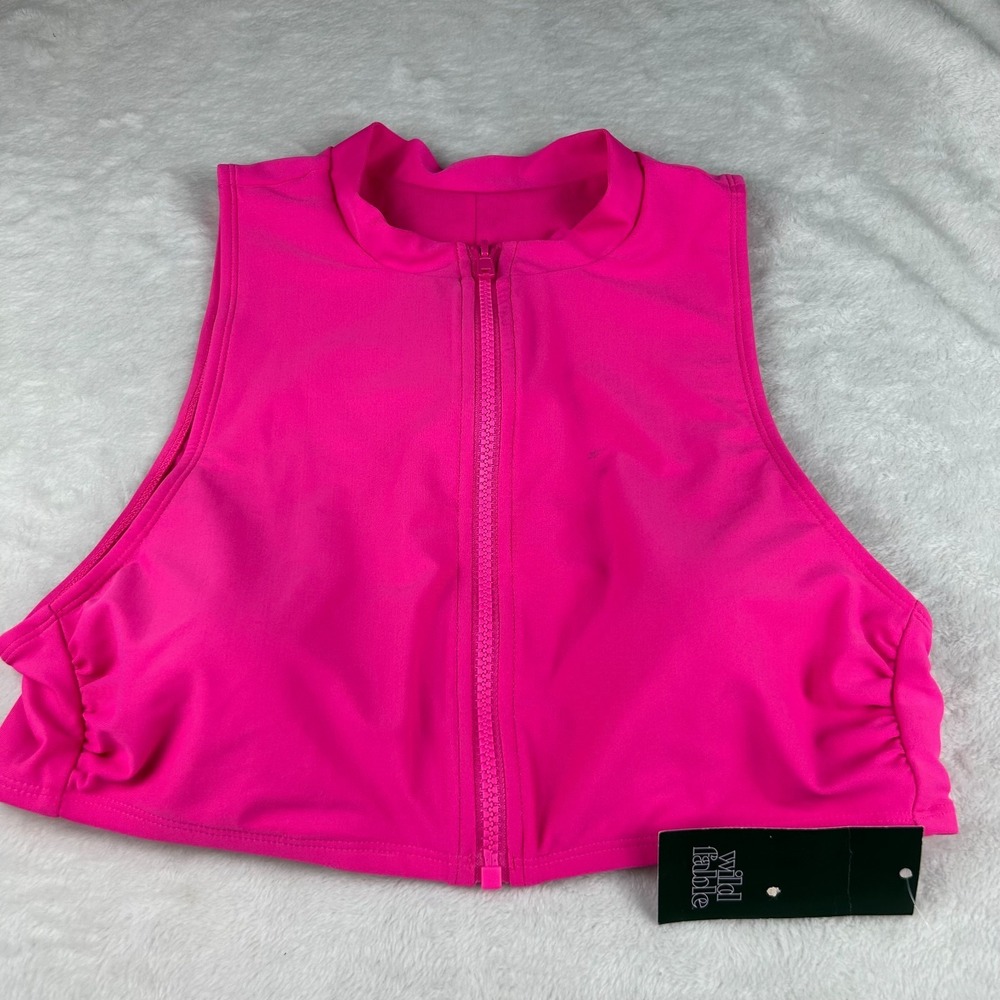 Wild Fable 1 Piece Bikini Top Womens L(12-14) Hot Pink Mock Neck Zipper Swimwear